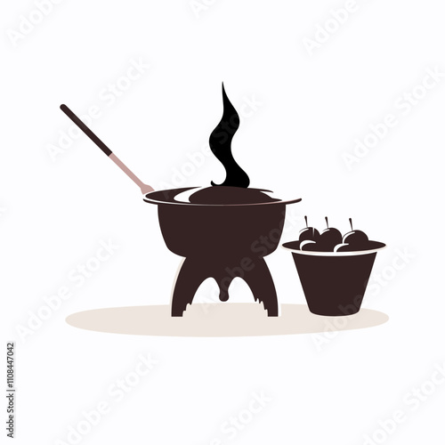 Delicious fondue pot with steam and a bowl of apples on a light background