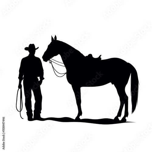Cowboy stands beside horse at sunset ready for a ride in the countryside