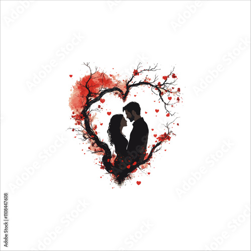 A couples silhouette standing in front of love shape tree. Couple valentines day silhouette.