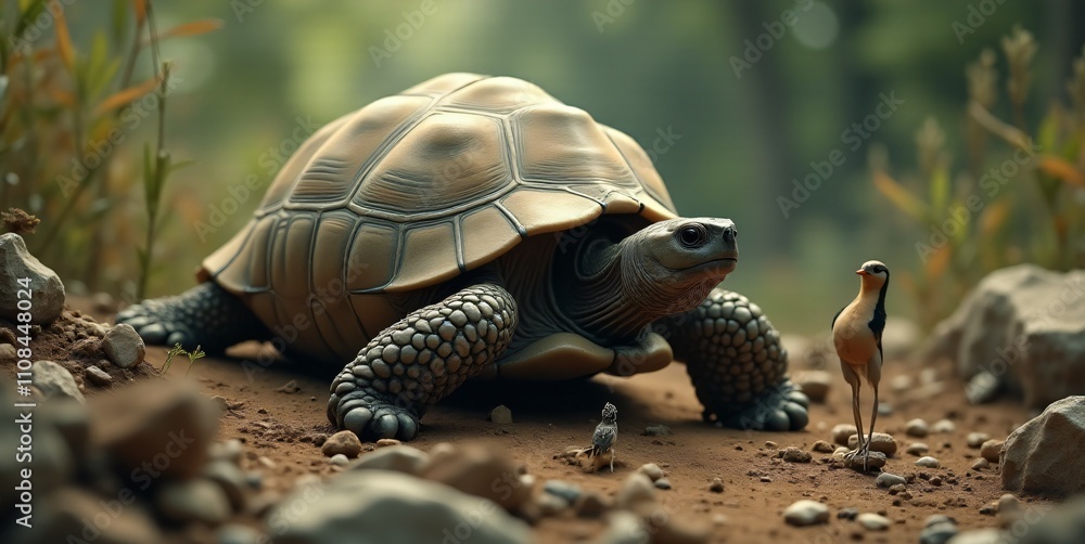 Naklejka premium A tortoise coexisting peacefully with other species in its natural habitat, showcasing harmonious wildlife interaction.