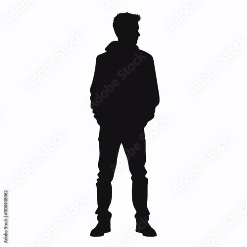 Silhouette of a person standing calmly in a minimalist setting during twilight