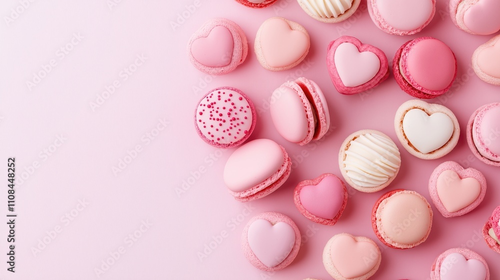 Obraz premium Light Pink Background with Love Hearts and Delicious Pink Macaroons, Perfect for Valentine's Day, Romance, and Sweet Celebrations.