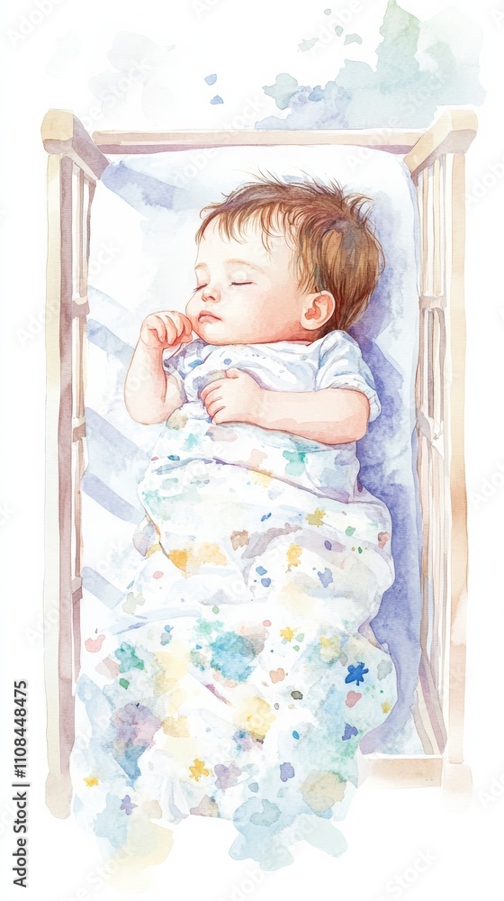 A baby sleeping in a crib, gentle ambiance, watercolor style, isolated on white background A baby sleeping in a crib, gentle ambiance, watercolor style, isolated on white background