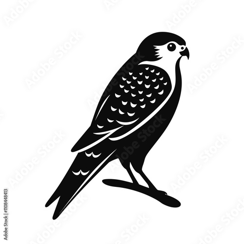 Black silhouette of a falcon perched on a branch against a white background