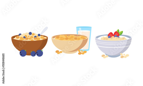 Oatmeal set. Collection of cups of oatmeal porridge with various fruits