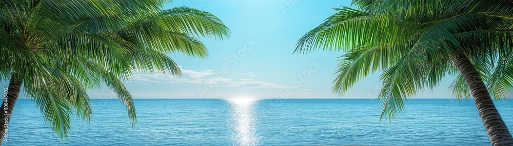 Fototapeta premium Symmetrical tropical palm trees framing a calm ocean, soft light reflecting on the water's surface