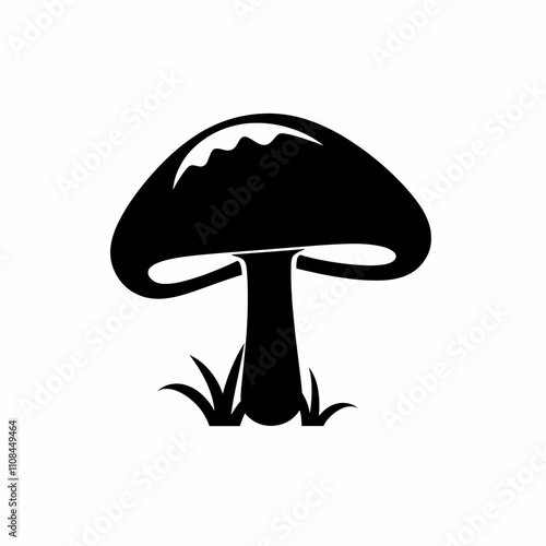 Black silhouette of a mushroom with grass accents on a light background