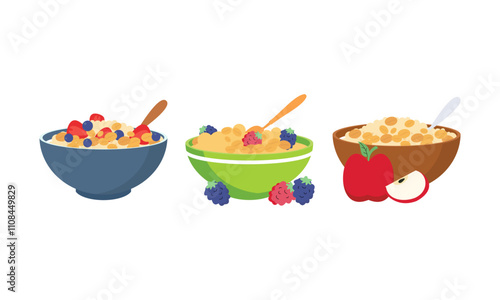 Oatmeal set. Collection of cups of oatmeal porridge with various fruits