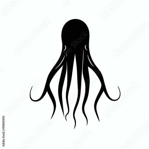 Black silhouette of an octopus with flowing tentacles on a plain background