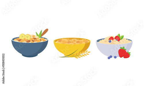 Oatmeal set. Collection of cups of oatmeal porridge with various fruits