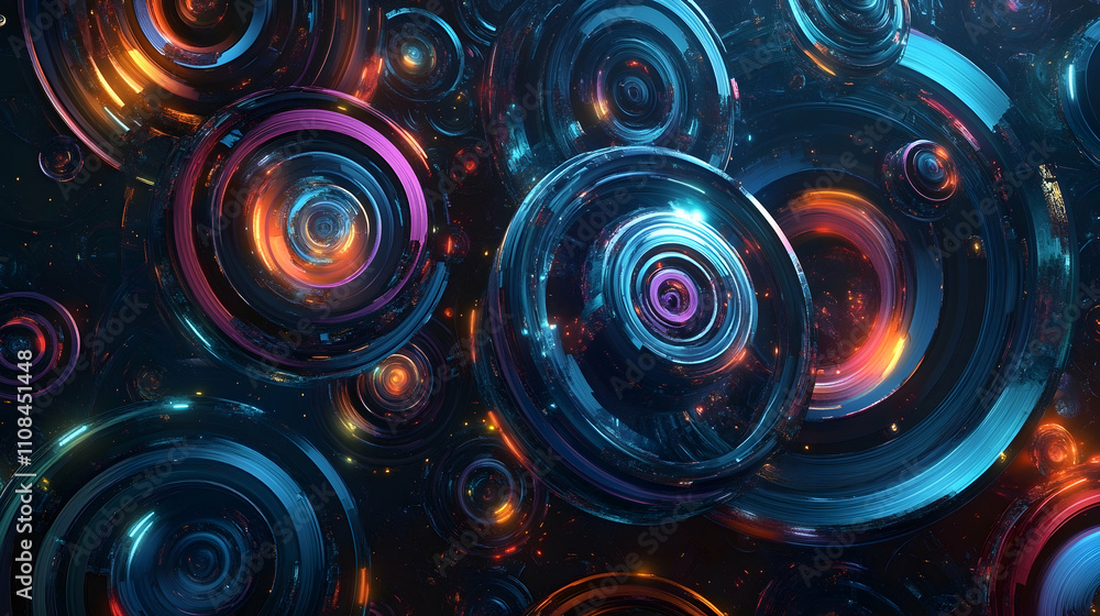 Abstract background with glowing, colorful, glass spheres. Abstract background with glowing, colorful, glass spheres.
