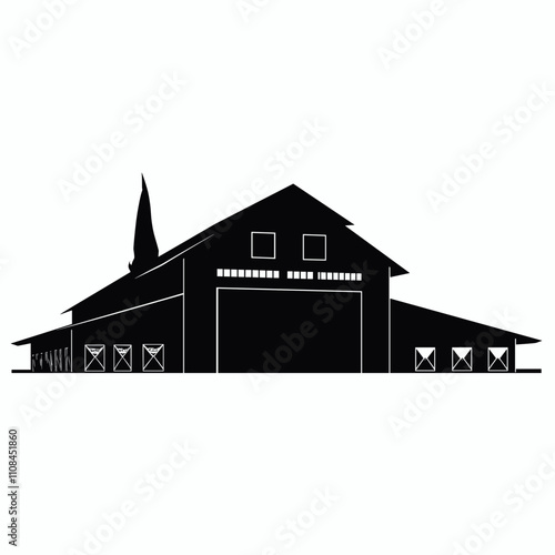 Farm building silhouette with simple design against a light background