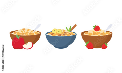Oatmeal set. Collection of cups of oatmeal porridge with various fruits