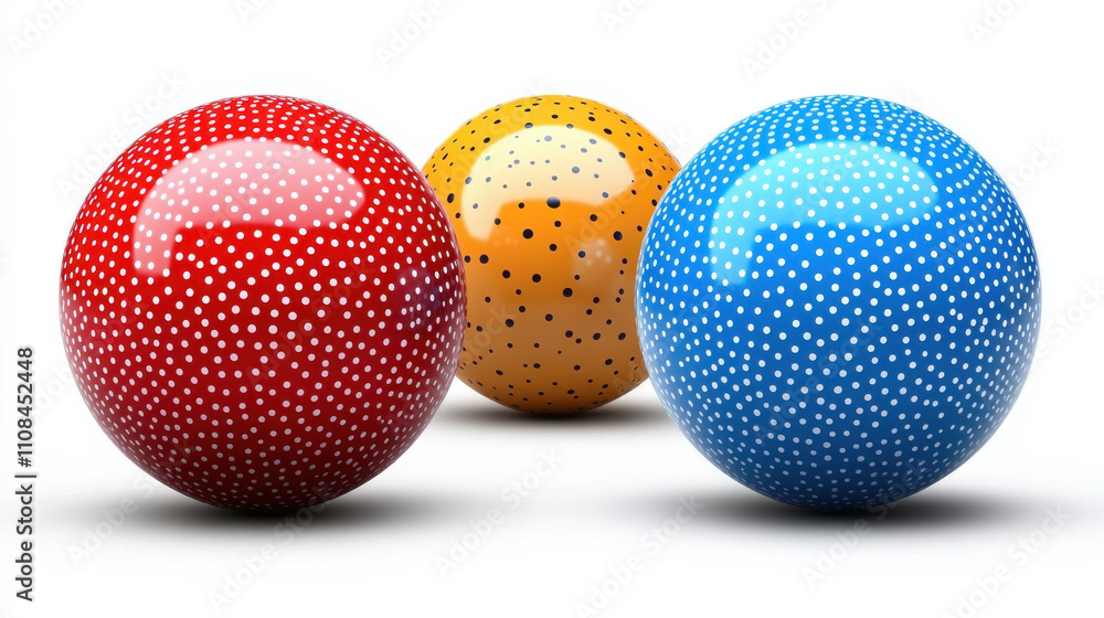 Colorful spheres with polka dots create vibrant display on white background, evoking playful and cheerful atmosphere