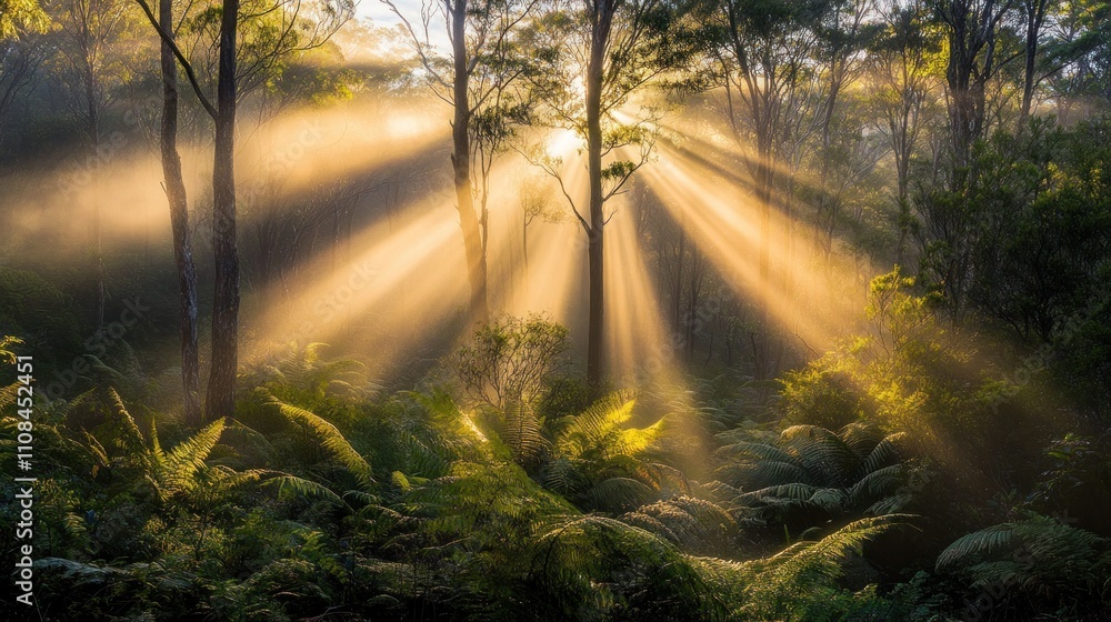 Obraz premium Sunlight beams filtering through a lush forest
