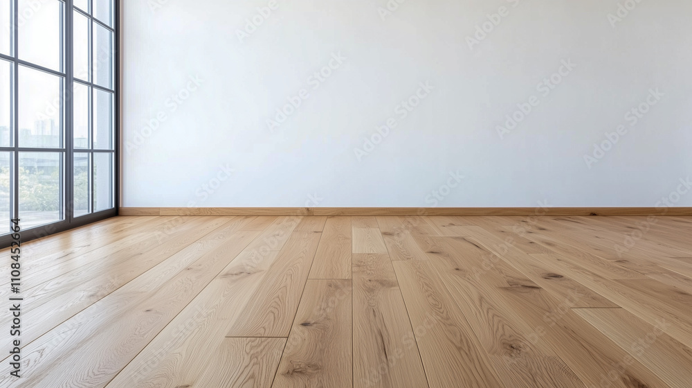 Naklejka premium Empty room blank white wall with wood floor, house interior minimal background 