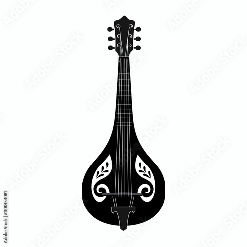 Musical instrument illustration featuring a decorative mandolin with intricate design elements