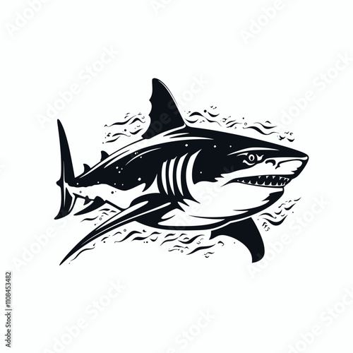 Black and white illustration of a shark swimming in ocean water