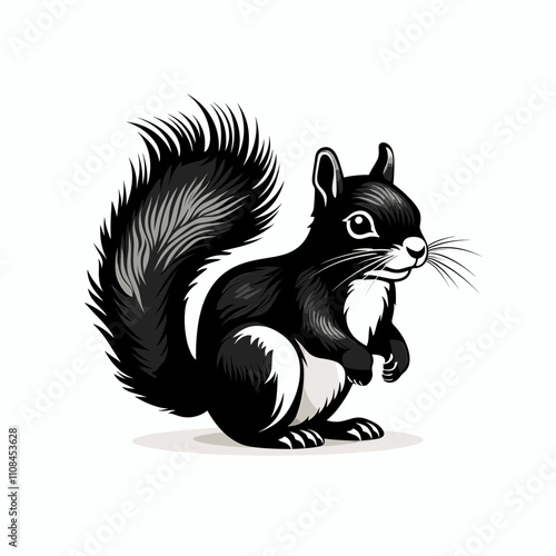 Black and white cartoon squirrel standing on its hind legs with a bushy tail