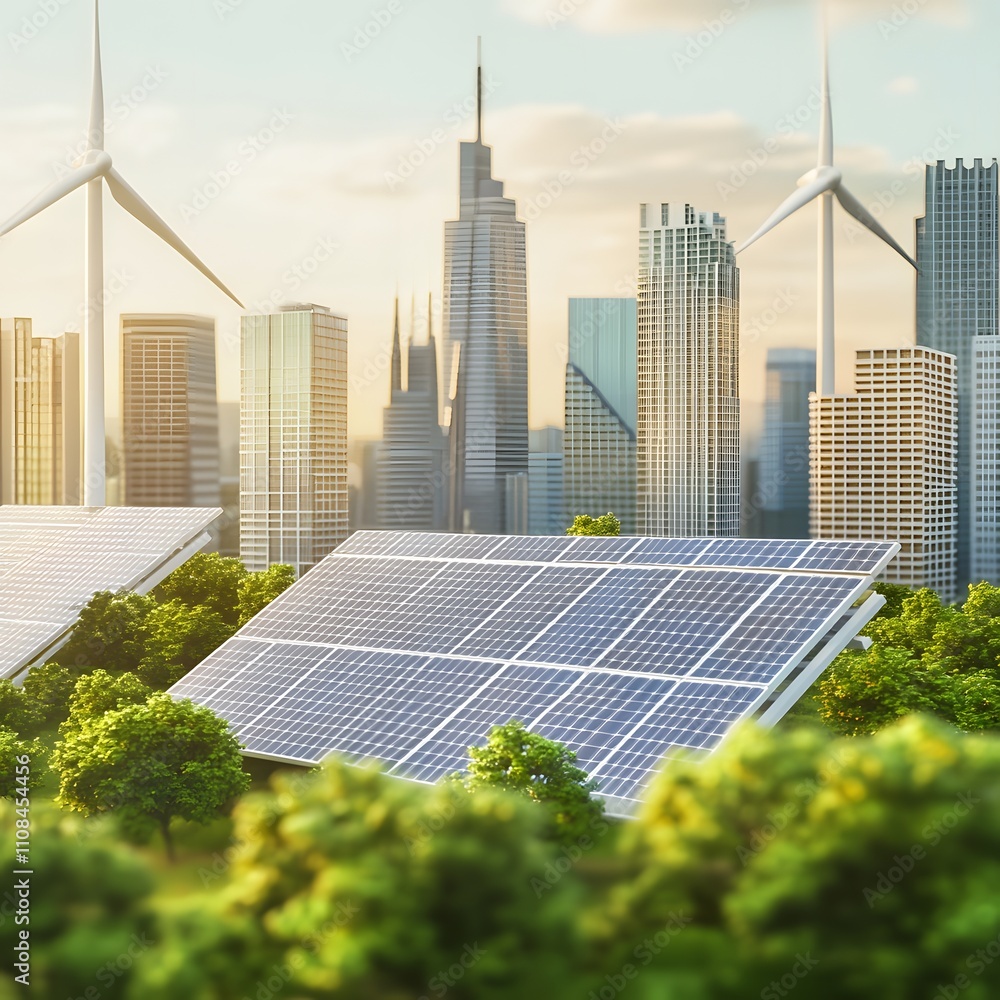 Fototapeta premium A business-focused green concept featuring a cityscape with renewable energy sources like wind turbines and solar panels.