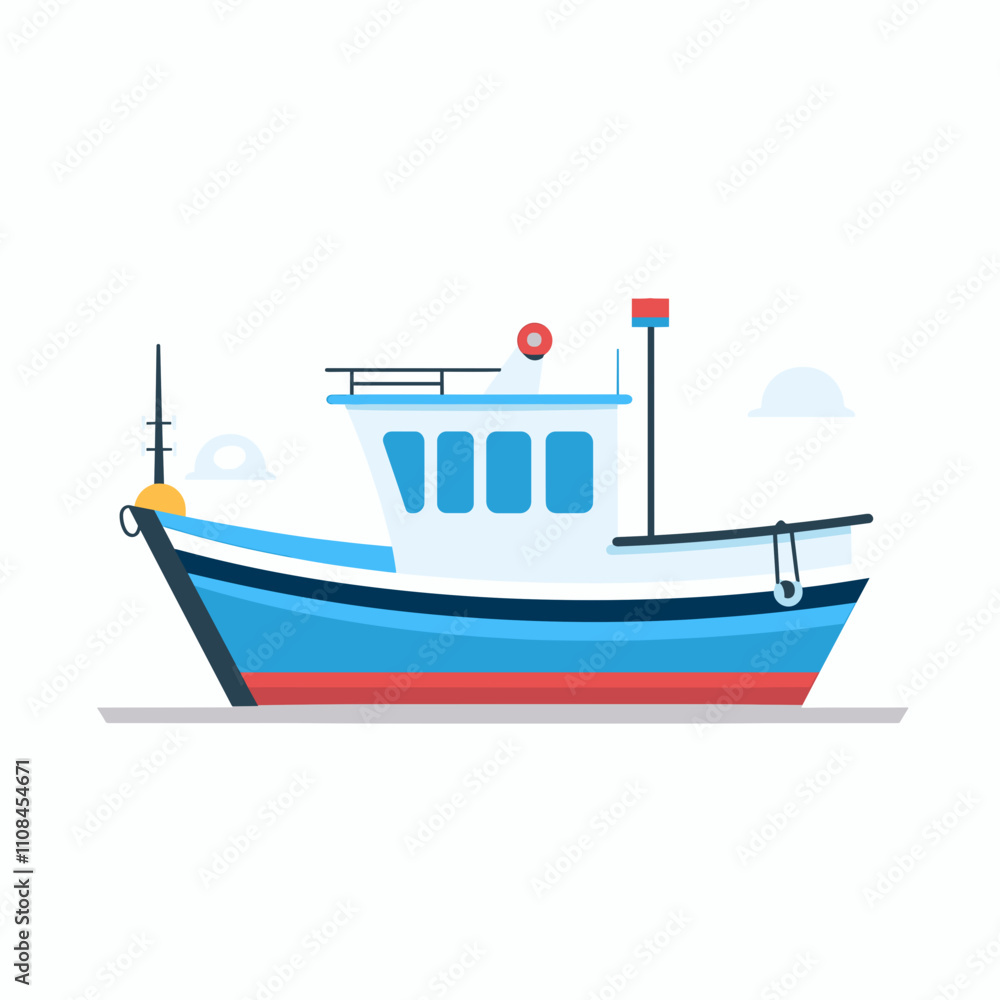 Fototapeta premium Colorful fishing boat docked by the shore with a tranquil background and clear skies