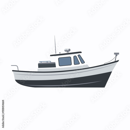 Fishing boat docked at harbor during daylight, showcasing marine craftsmanship and design