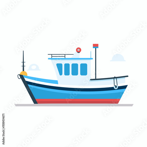 Colorful fishing boat docked by the shore with a tranquil background and clear skies