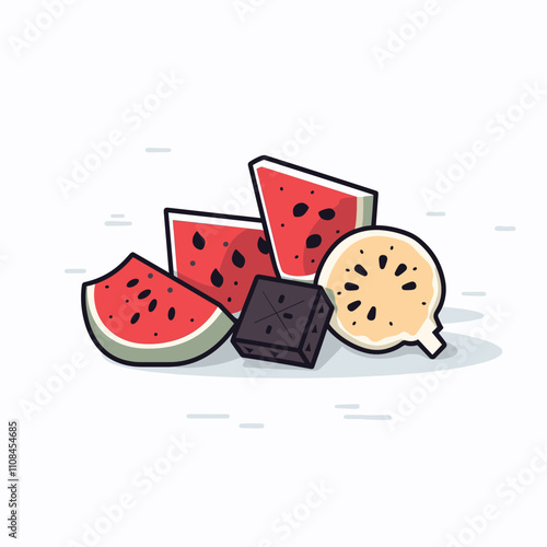 Colorful slices of watermelon and a yellow fruit on a white background