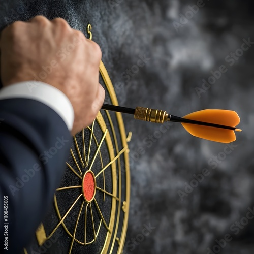 A businessman aiming an arrow at a virtual target dartboard, symbolizing precision in setting objectives for business investments. photo