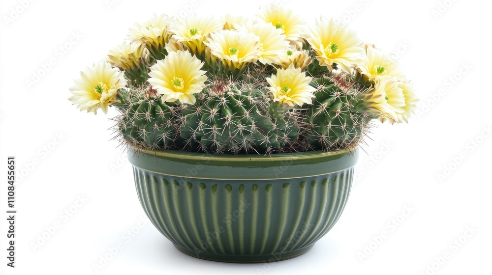Naklejka premium A green bowl filled with blooming yellow cactus flowers.