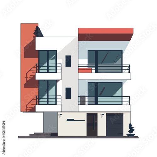 Modern architectural design of a two-story house with large windows and balconies