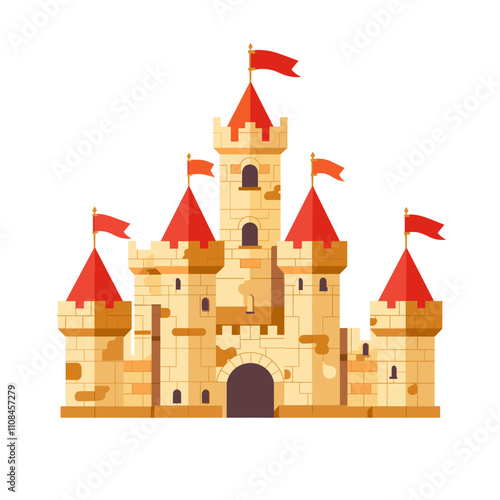 Colorful castle with red flags and distinct turrets on a plain background