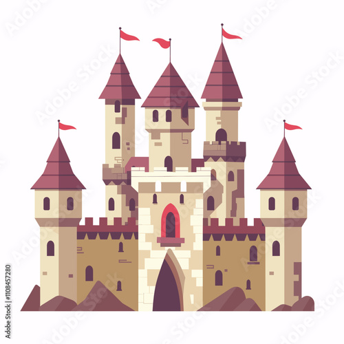 Colorful fairytale castle with towers and flags situated on a small hill