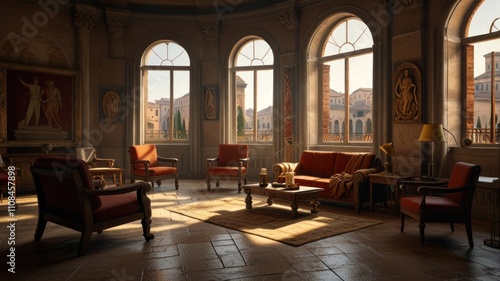 Wallpaper Mural Here's a caption and keywords for your image... Sunlit, opulent living room with antique furniture, arched windows offering a city view and classical artwork. Torontodigital.ca