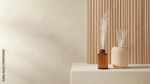 spa sauna herbal concept, A serene interior scene featuring an aromatic diffuser and decorative vase, set against a textured wall, evoking calmness and style.