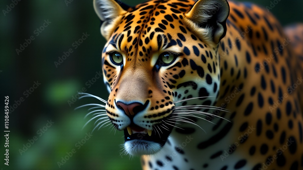 Obraz premium A stunning close-up of a jaguar’s face, highlighting its intense gaze, powerful jaw, and intricate coat.