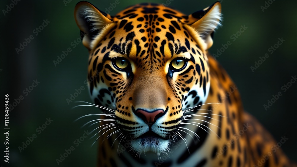 Obraz premium A stunning close-up of a jaguar’s face, highlighting its intense gaze, powerful jaw, and intricate coat.