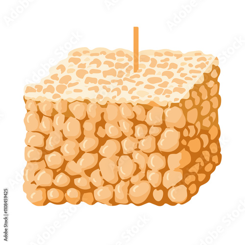 Square piece of textured food with a stick, ideal for grilling or snacking
