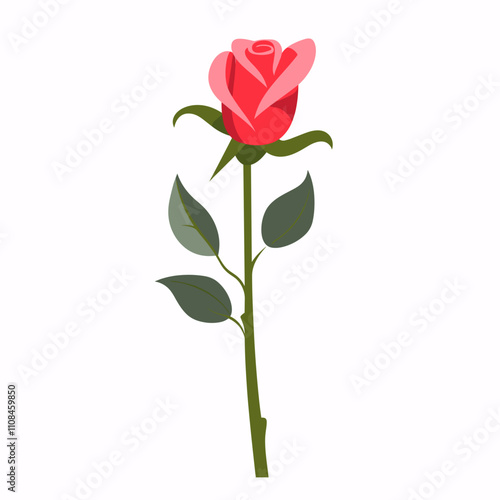 Pink rose with green leaves standing upright on a white background