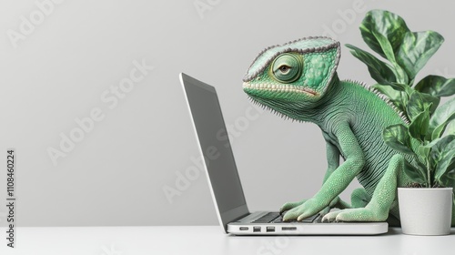 Adaptable Chameleon Working on Laptop with Notebook and Plant on Gray Background
