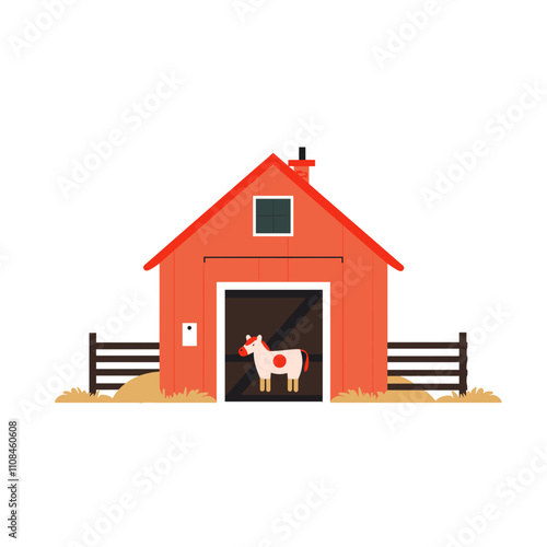Red barn with a white and brown cow standing in the doorway on a sunny day
