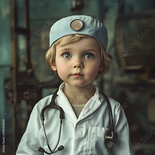 A child dressed in a doctor's uniform, embodying their dream career of becoming a doctor in the future. photo