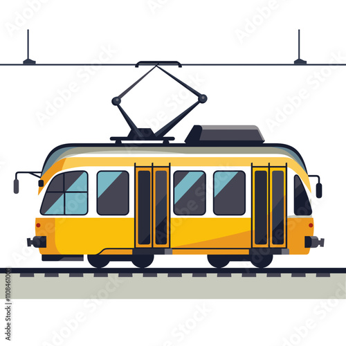 Modern yellow tram traveling on city tracks during daytime