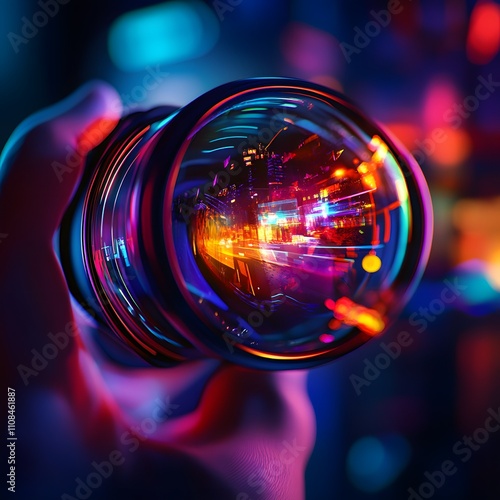 A close-up of a hand gripping a futuristic VR headset, with a vivid virtual world subtly reflected in the lens. photo