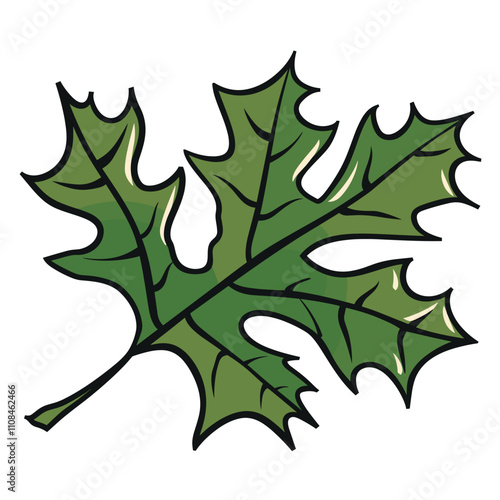 Leaf illustration depicting a detailed green oak leaf with distinctive lobes and veins