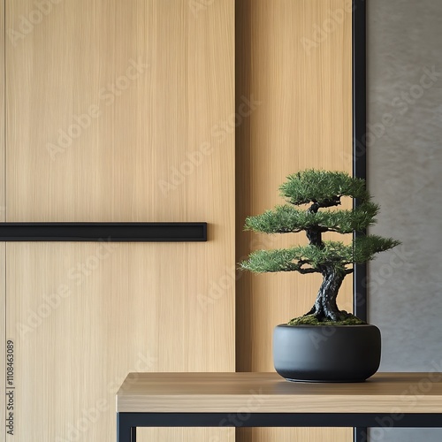 A close-up of modern Japanese interior design showcasing a wooden sliding door with sleek handles, and a minimalist table featuring a small bonsai tree, emphasizing simplicity and elegance. photo