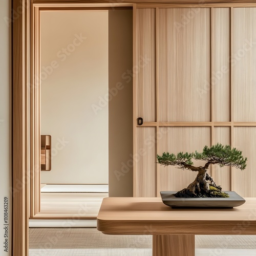 A close-up of modern Japanese interior design showcasing a wooden sliding door with sleek handles, and a minimalist table featuring a small bonsai tree, emphasizing simplicity and elegance. photo