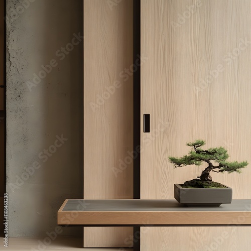 A close-up of modern Japanese interior design showcasing a wooden sliding door with sleek handles, and a minimalist table featuring a small bonsai tree, emphasizing simplicity and elegance. photo