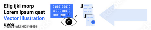 Digital screen with binary code, eye icon, documents, and blue arrow signaling direction. Ideal for data analysis, eye-tracking technology, document management, tech presentations, digital marketing