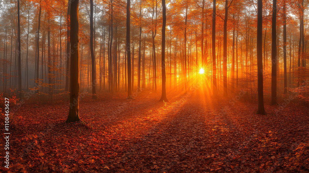 Obraz premium serene autumn forest with vibrant orange leaves and sunlight streaming through trees creates peaceful atmosphere
